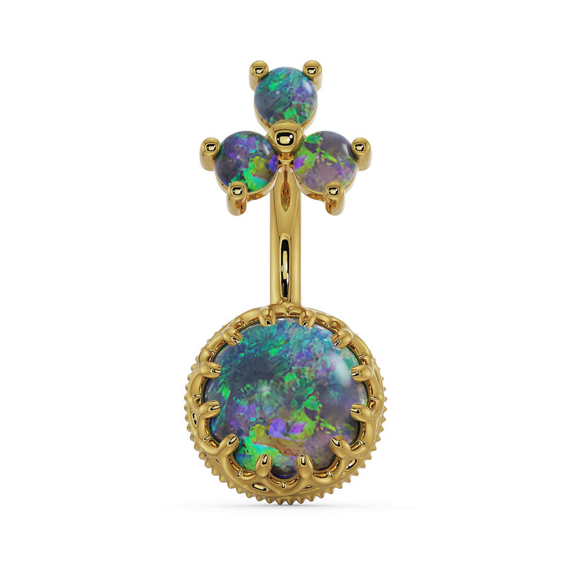 14k yellow gold black opal belly ring with vivid green-purple flash in crown setting, front view
