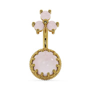 14k yellow gold rose quartz belly ring with crown setting and three-stone top cluster, front view