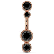 14k rose gold bubble bezel navel ring with four graduating black diamond stones, front view
