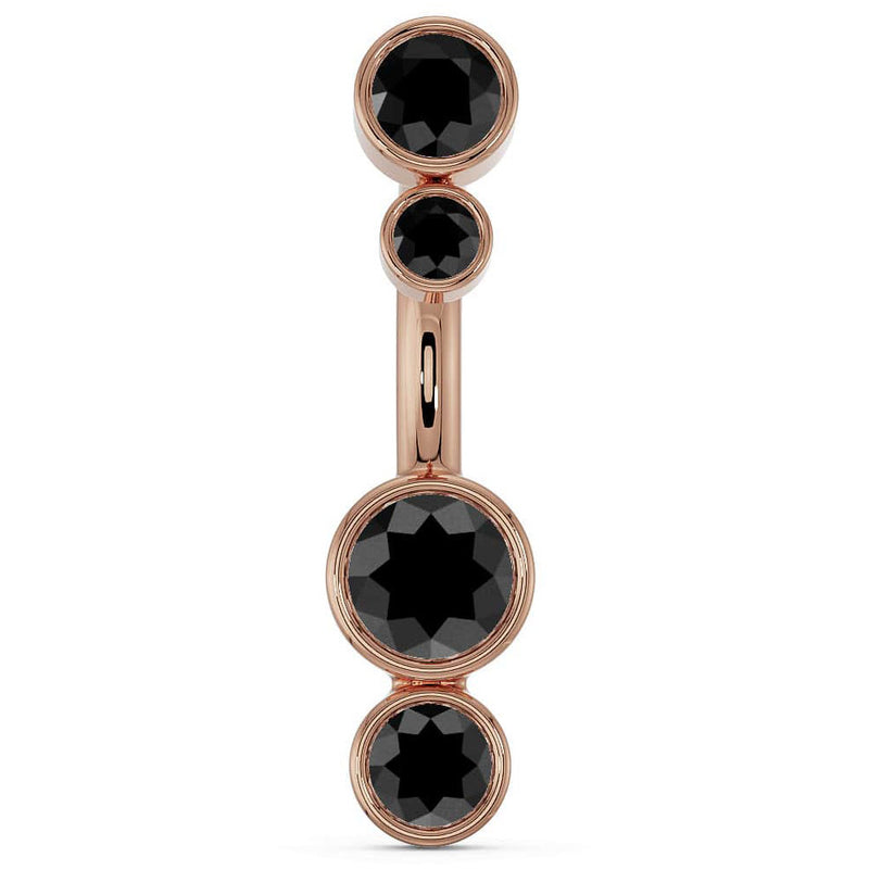 14k rose gold bubble bezel navel ring with four graduating black diamond stones, front view