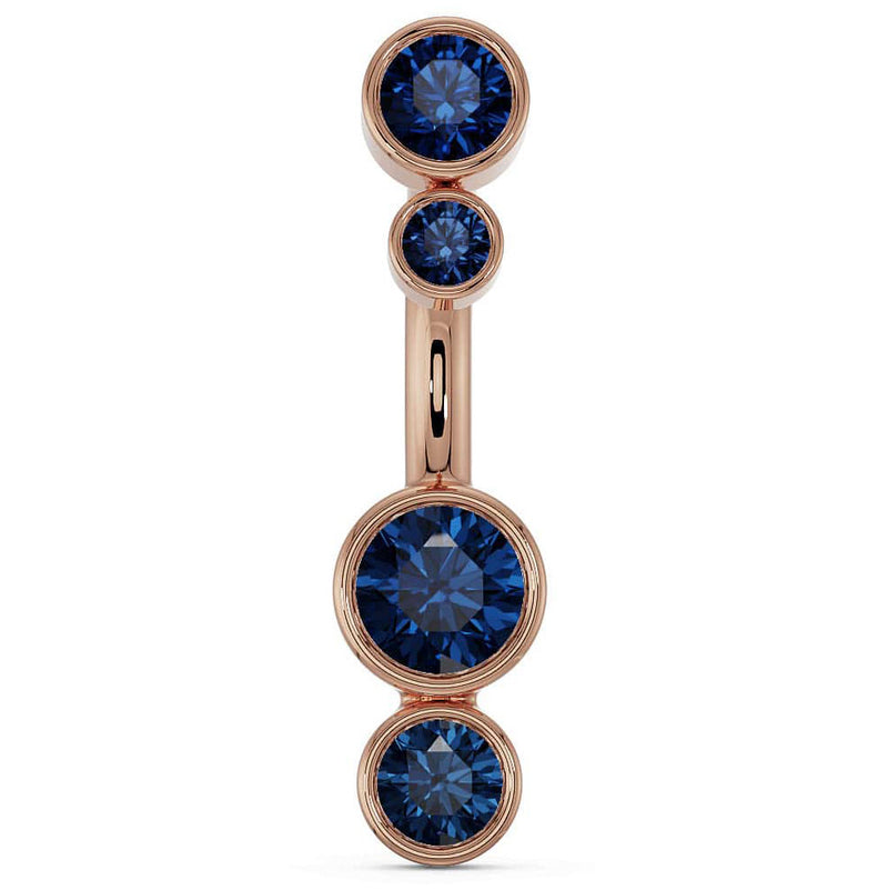 14k rose gold bubble bezel belly ring with four graduating blue sapphire stones, front view