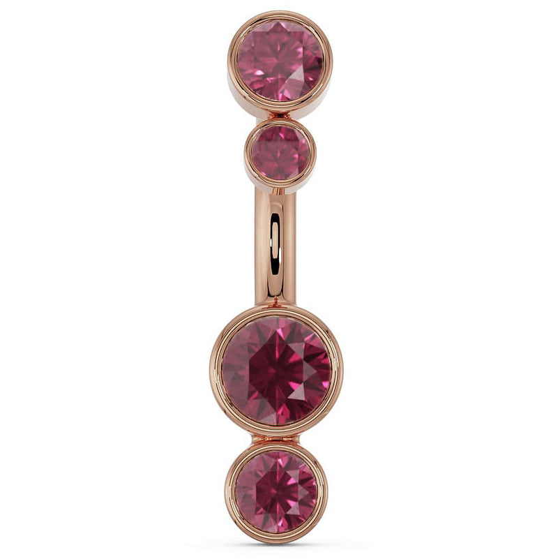 14k rose gold bubble bezel belly ring with four graduating garnet-red gemstones, front view