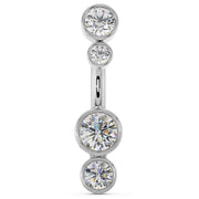 14k white gold bubble bezel belly ring with four graduating CZ stones, front view