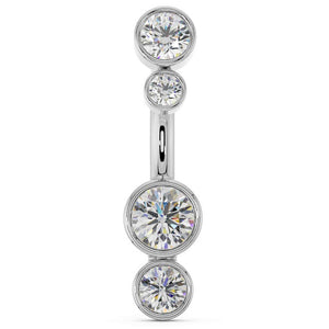 14k white gold bubble bezel belly ring with four graduating CZ stones, front view