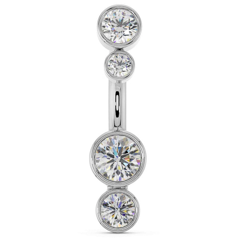14k white gold bubble bezel belly ring with four graduating CZ stones, front view