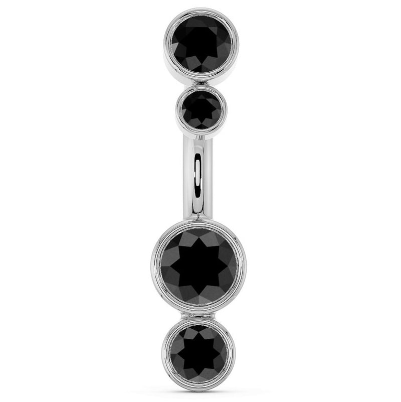 14k white gold bubble bezel belly ring with four black diamond stones, front view