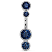 14k white gold bubble bezel navel ring with four graduating blue sapphire stones, front view