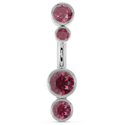 14k white gold bubble bezel navel ring with four graduating garnet-red gemstones, front view