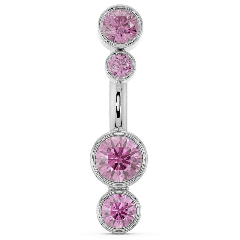 14k white gold bubble bezel belly ring with four graduating pink sapphire stones, front view