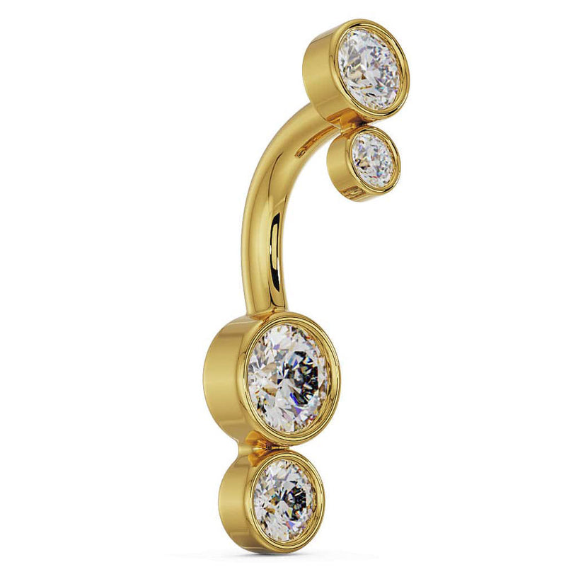 Side profile of 14k yellow gold bubble bezel belly ring showing curved barbell and CZ settings