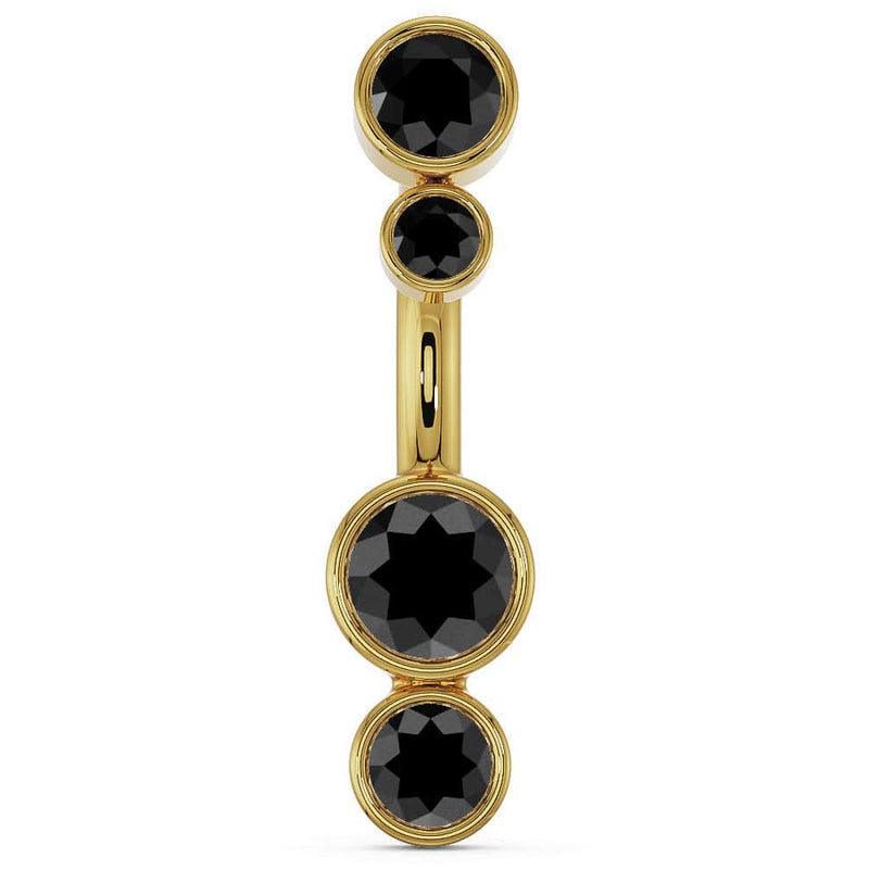 14k yellow gold bubble bezel navel ring with four graduating black diamond stones, front view
