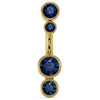 14k yellow gold bubble bezel belly ring with four graduating blue sapphire stones, front view