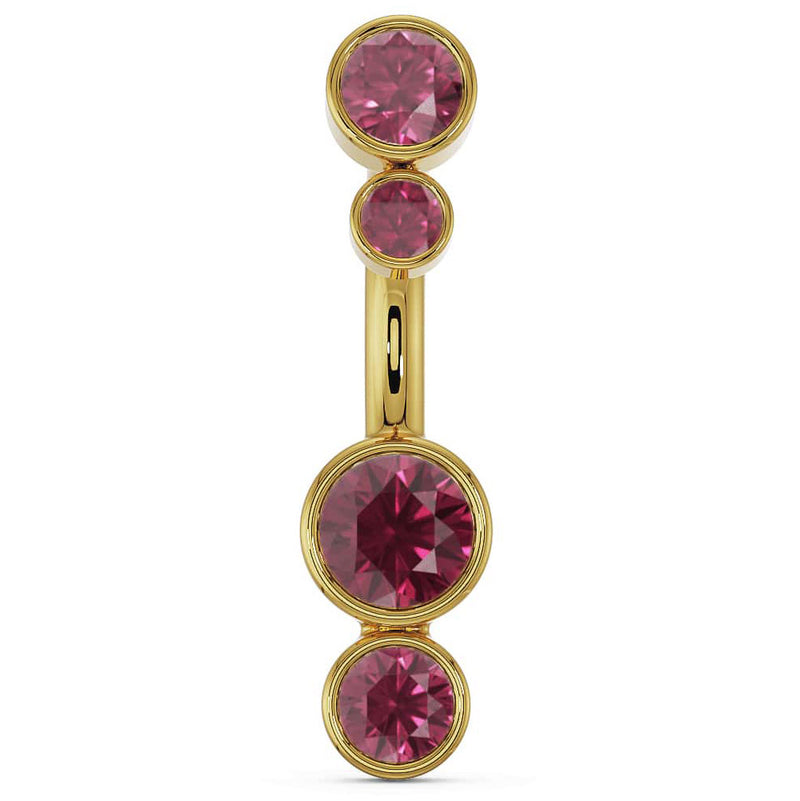 14k yellow gold bubble bezel belly ring with four graduating garnet-red gemstones, front view