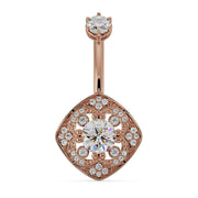 14k rose gold Fleur de Chance navel ring with white CZ stones and vintage milgrain filigree charm, front view