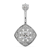 14k white gold Fleur de Chance belly ring with white CZ center, 32-stone pave cushion charm, front view