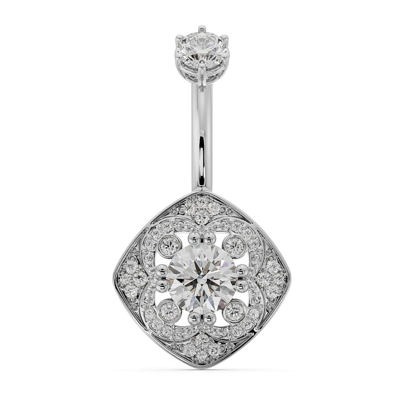 14k white gold Fleur de Chance belly ring with white CZ center, 32-stone pave cushion charm, front view