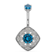 14k white gold Fleur de Chance navel ring with blue diamond center stone and pave CZ surround, front view