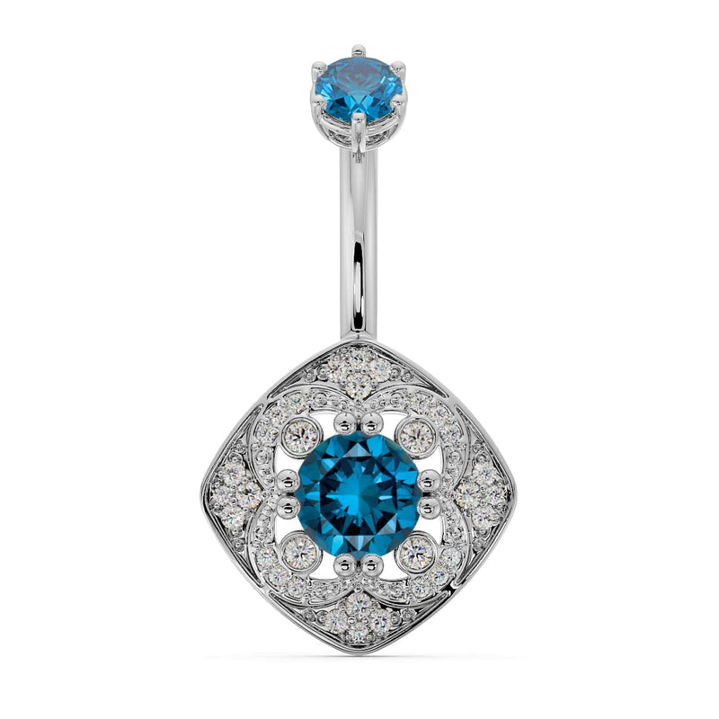 14k white gold Fleur de Chance navel ring with blue diamond center stone and pave CZ surround, front view
