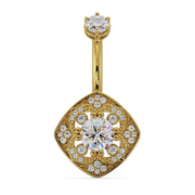 14k yellow gold Fleur de Chance belly ring with CZ, vintage filigree cushion charm, front view