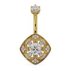 14k yellow gold Fleur de Chance belly ring with CZ, vintage filigree cushion charm, front view