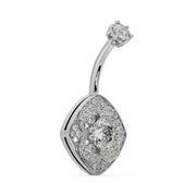 Side profile of 14k white gold Fleur de Chance belly ring showing cushion charm depth and CZ setting