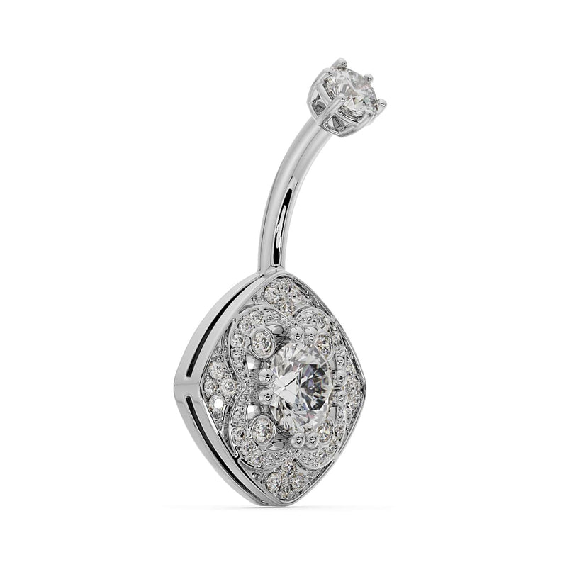Side profile of 14k white gold Fleur de Chance belly ring showing cushion charm depth and CZ setting