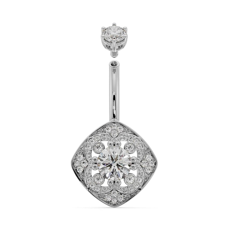 14k white gold Fleur de Chance belly ring disassembled, showing threaded barbell and CZ charm separately