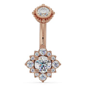 14k rose gold halo belly ring with all-white diamond center and diamond flower halo, front view