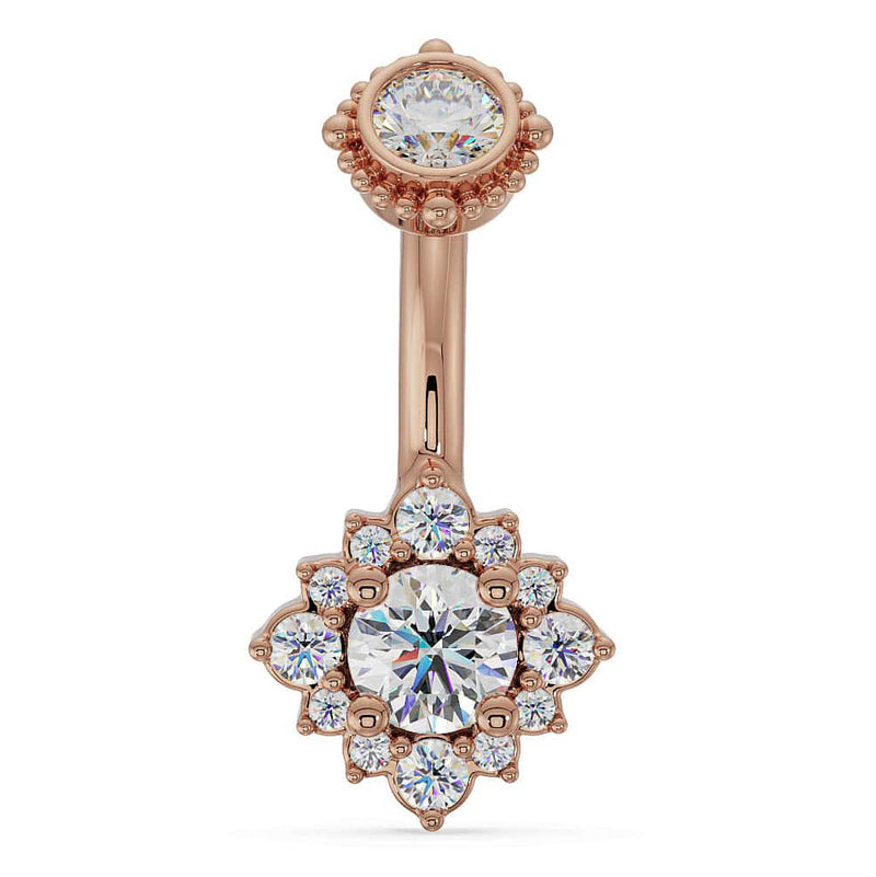 14k rose gold halo belly ring with all-white diamond center and diamond flower halo, front view