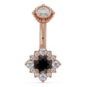 14k rose gold halo navel ring with black diamond center stone surrounded by white diamond halo