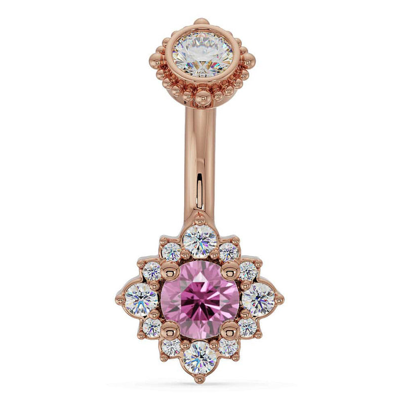 14k rose gold belly ring with pink sapphire center stone in diamond halo flower setting, front view