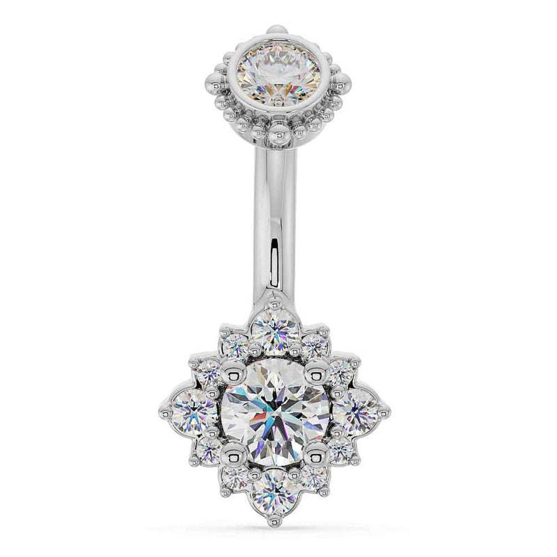 14k white gold belly ring with white diamond center stone in halo flower setting, front view