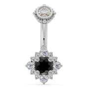 14k white gold navel ring with black diamond center stone and white diamond halo, front view