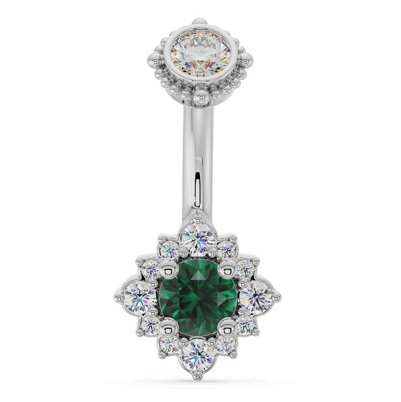 14k white gold halo navel ring with emerald center stone and diamond flower halo surround, front view