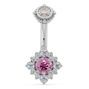 14k white gold belly ring with pink sapphire center and diamond halo flower setting, front view