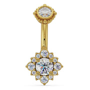 14k yellow gold diamond halo belly ring with all-white diamond center stone, front view on white background