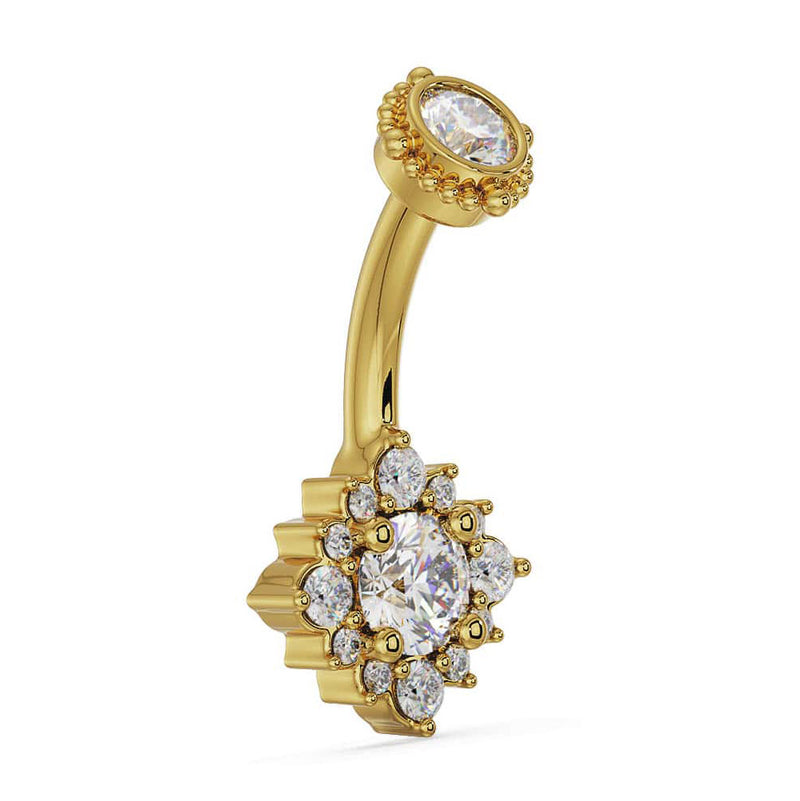 Angled side view of 14k yellow gold diamond halo belly ring showing depth of flower setting and barbell curve