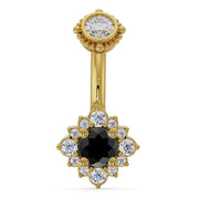14k yellow gold halo navel ring with black diamond center stone and white diamond flower surround