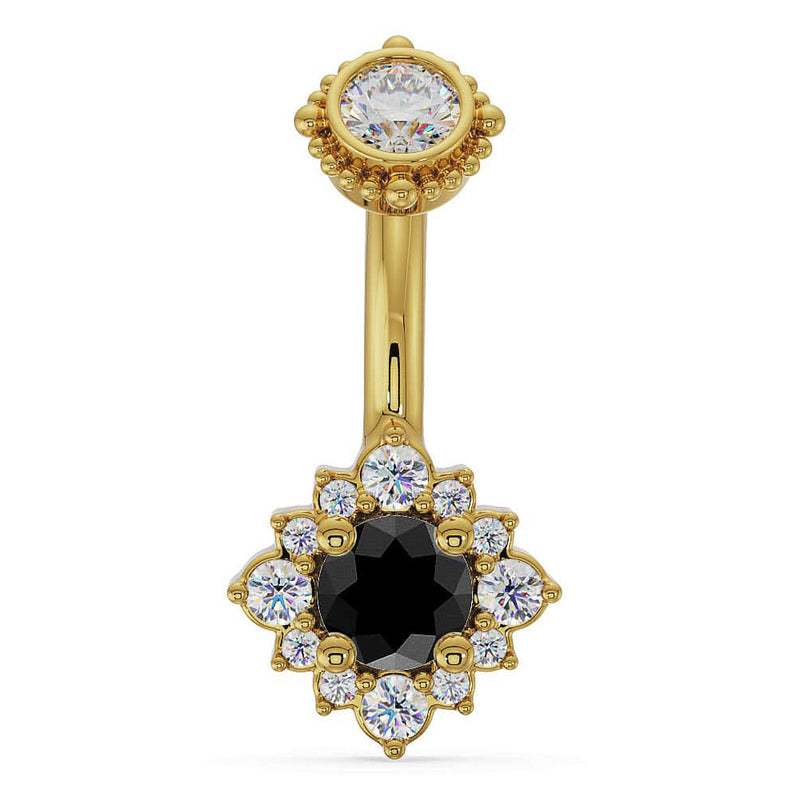 14k yellow gold halo navel ring with black diamond center stone and white diamond flower surround