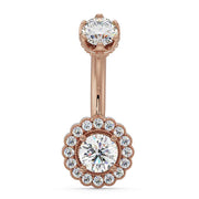 14k rose gold belly ring with all-white CZ center and diamond halo scalloped charm, front view