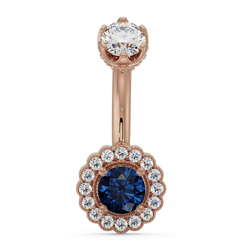 14k rose gold belly ring with blue sapphire center and diamond halo floral setting, front view
