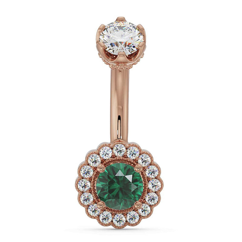 14k rose gold navel ring with emerald center and diamond halo scalloped setting, front view