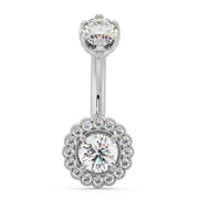 14k white gold belly ring with cubic zirconia center and diamond halo milgrain setting, front view