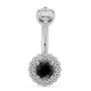 14k white gold navel ring with black diamond center and white diamond halo, front view
