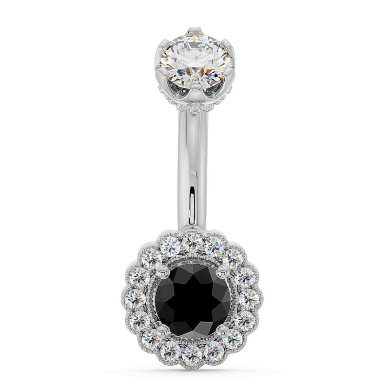 14k white gold navel ring with black diamond center and white diamond halo, front view