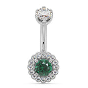 14k white gold belly ring with emerald center stone and diamond halo scalloped setting, front view