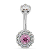 14k white gold belly ring with pink sapphire center and diamond halo milgrain setting, front view