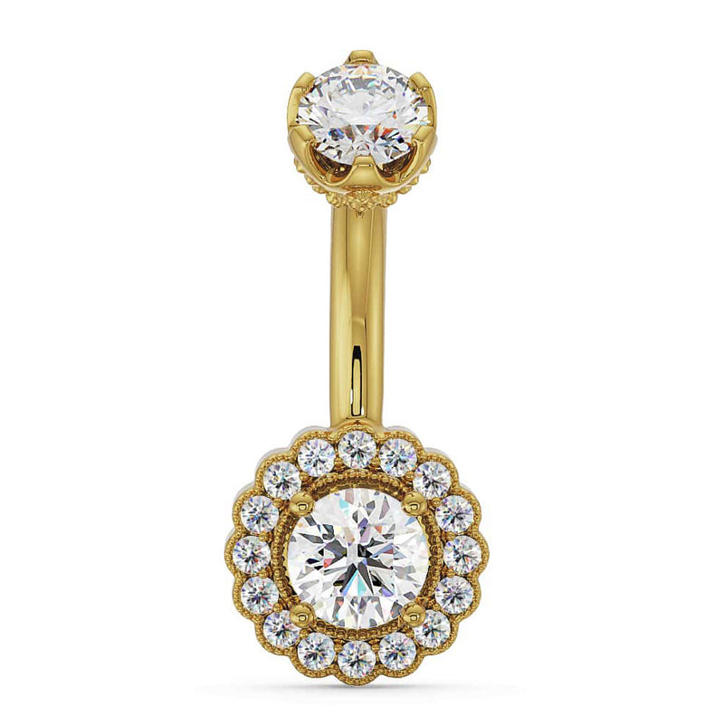 14k yellow gold belly ring with cubic zirconia center stone and diamond halo, front view
