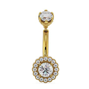 14k yellow gold La Reina navel ring with all-white CZ stones, slightly elevated front view