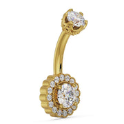 14k yellow gold La Reina belly ring with CZ stones, angled side view showing depth of floral charm